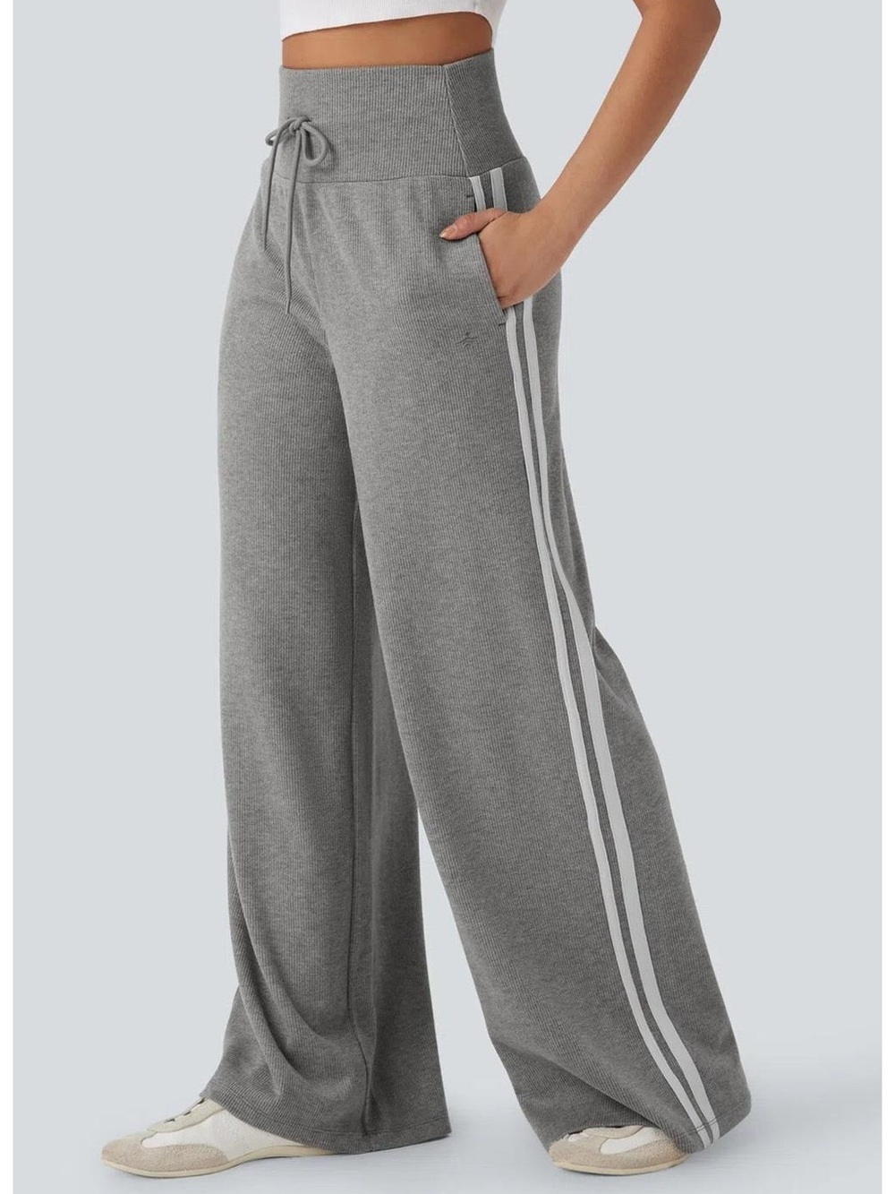HALARA Gray High-Waist Wide Leg Track Pants with Side Stripes